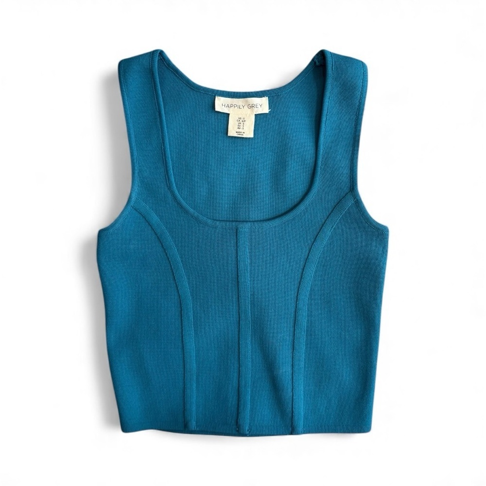 Cerulean Blue Sculpted Ribbed Crop Top Contour Seam Tank Snatched Basics Pilates